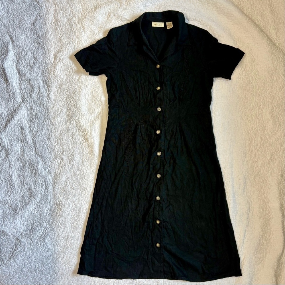 Black Linen Blend Embroidered Button-Front Midi Dress | Mosaic | Size 10 - Picture 3 of 14